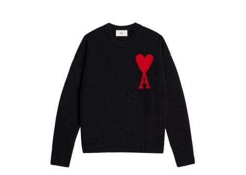 Ami Paris Ami De Coeur Felted Merino Wool Crewneck Oversized Sweater Black:Red