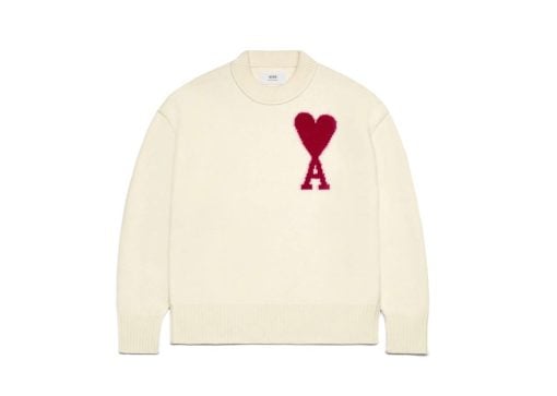 Ami Paris Ami De Coeur Felted Merino Wool Sweater Off White:Red