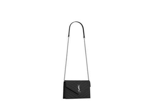 Saint Laurent Cassandre Envelope Chain Wallet In Grain De Poudre Leather Noir