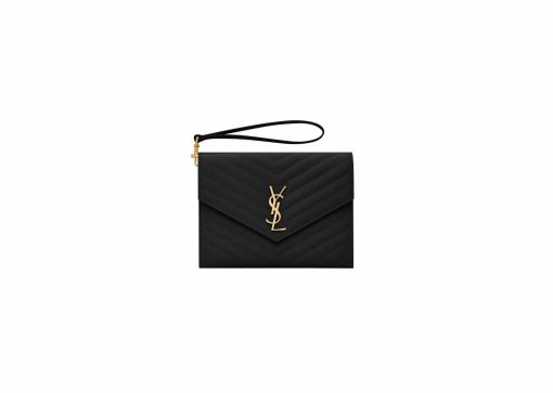 Saint Laurent Cassandre Matelassé Flap Pouch In Grain De Poudre Leather Black