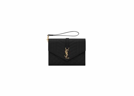 Saint Laurent Envelope Flap Pouch In Mix Matelassé Grain De Poudre Leather Black