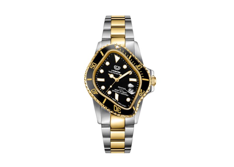 Laarvee PEA001 iki tonlu çelik kasa (silver-golden) – siyah bezel ve siyah kadran görünümü.