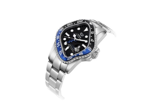 Laarvee Silver Precision Steel Black-Blue Ceramic Bezel Black & Blue Dual-Tone GMT Dial