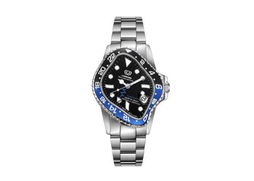 Laarvee Silver Precision Steel Black-Blue Ceramic Bezel Black & Blue Dual-Tone GMT Dial