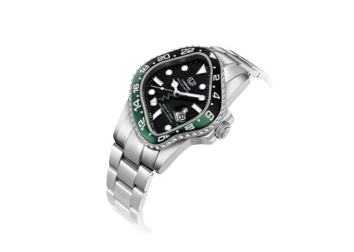 Laarvee Silver Precision Steel Black-Green Ceramic Bezel Black Dual-Tone GMT Dial