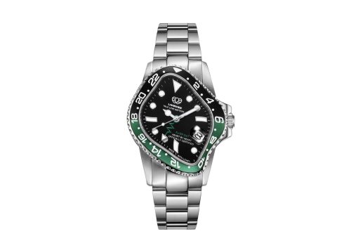 Laarvee Silver Precision Steel Black-Green Ceramic Bezel Black Dual-Tone GMT Dial