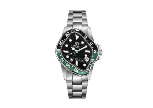 Laarvee Silver Precision Steel Black-Green Ceramic Bezel Black Dual-Tone GMT Dial