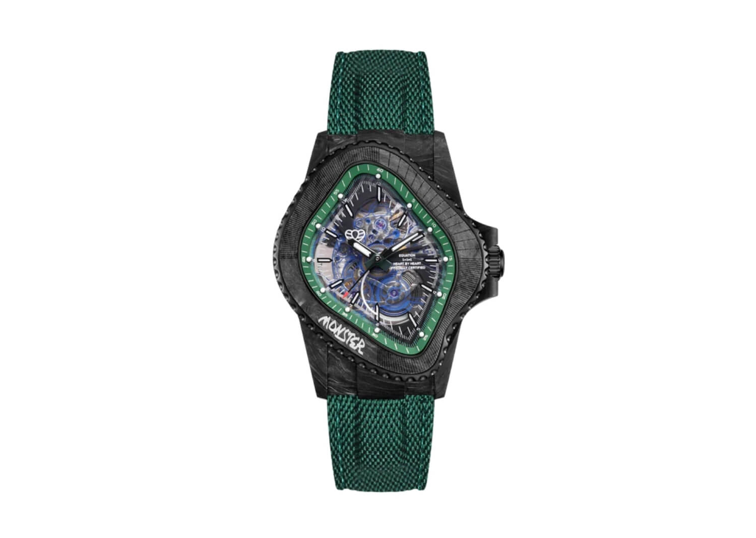 LAARVEE Watch PEA005 Black Carbon Fiber Resin Composite Green Skeleton Dial Quick-Release Straps
