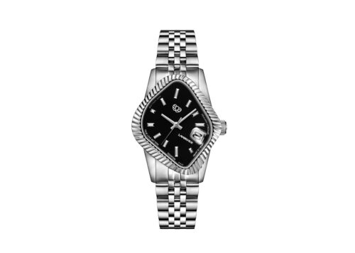LAARVEE Watch PEA003-SBLK Silver Precision Steel Polished Fluted Bezel Black Dial