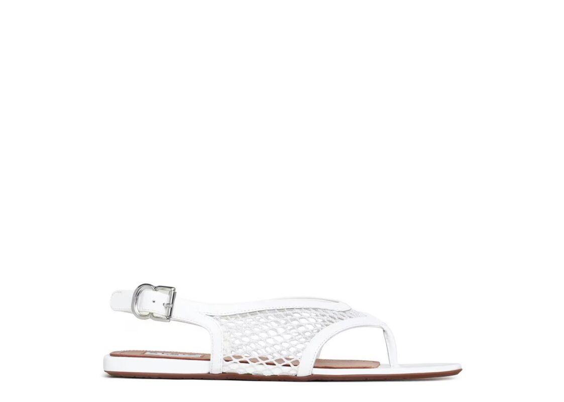 ALAÏA Fishnet Thong Sandals Patent Blanc Optique