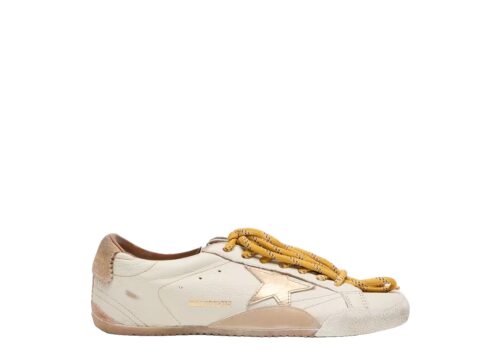Golden Goose True-Star White Nappa Leather Gold Star Beige Suede Heel Tab - - 1