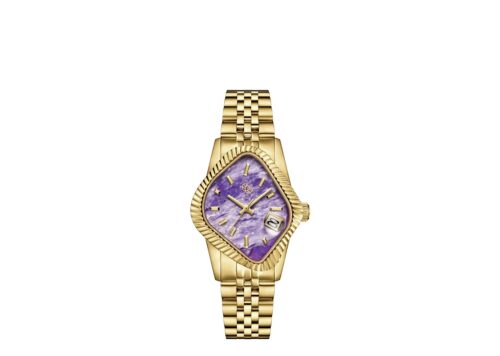 LAARVEE WATCH PEA003-GCRI - GOLDEN PRECISION STEEL: POLISHED FLUTED BEZEL & NATURAL CHAROITE DIAL - 1