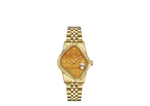 LAARVEE WATCH PEA003-GTGR - NATURAL TIGER'S EYE DIAL - GOLDEN PRECISION STEEL: POLISHED FLUTED BEZEL & NATURAL TIGER'S EYE DIAL - 1