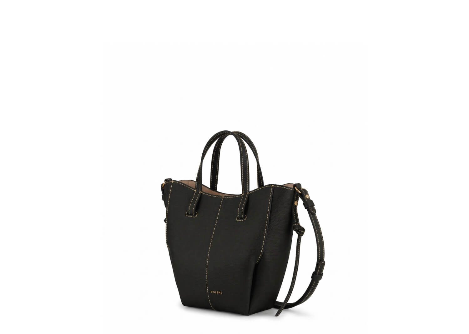 Polène Cyme Tote Nano Textured Black Ecru Stitching