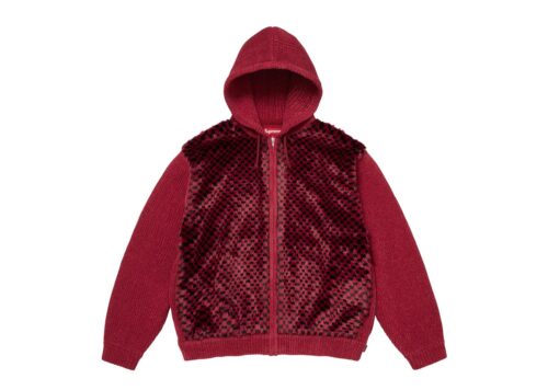 Supreme Checkerboard Faux Fur Zip Up Hooded Sweater Red - Red - 1