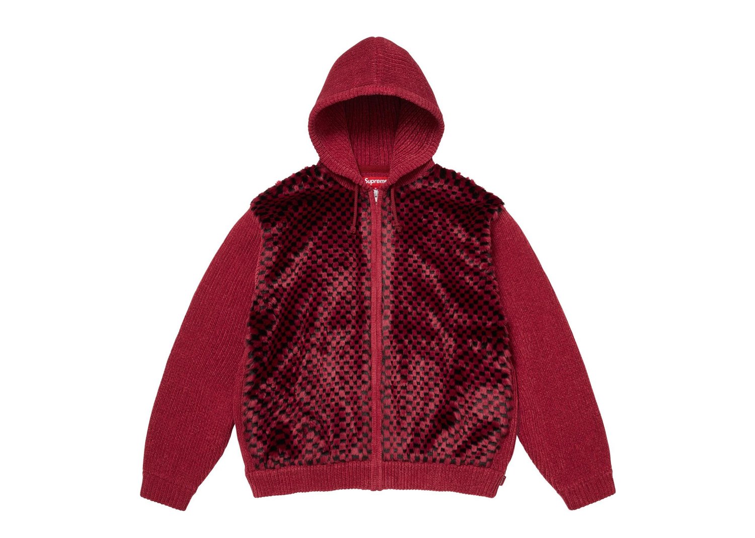 Supreme Checkerboard Faux Fur Zip Up Hooded Sweater Red - Red - 1