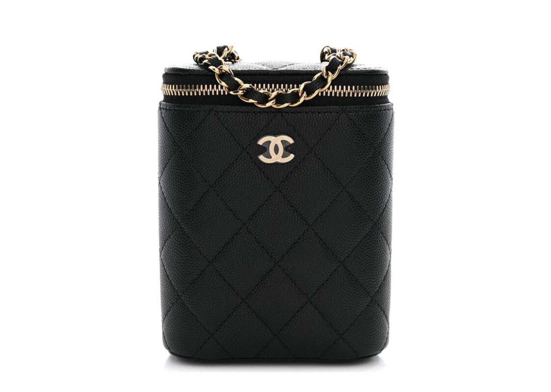Chanel Caviar Quilted Small Vertical Coco Beauty Vanity Case With Chain Black