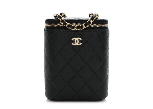 Chanel Caviar Quilted Small Vertical Coco Beauty Vanity Case With Chain Black - - 1