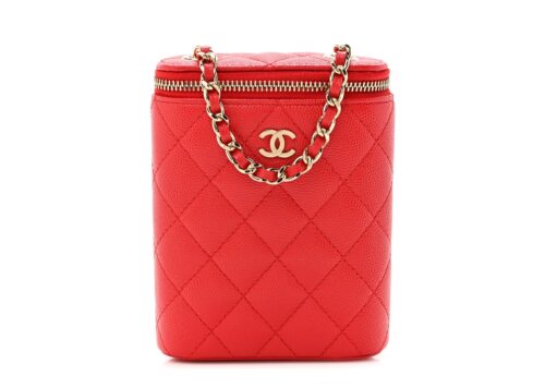 Chanel Caviar Quilted Small Vertical Coco Beauty Vanity Case With Chain Red - - 1