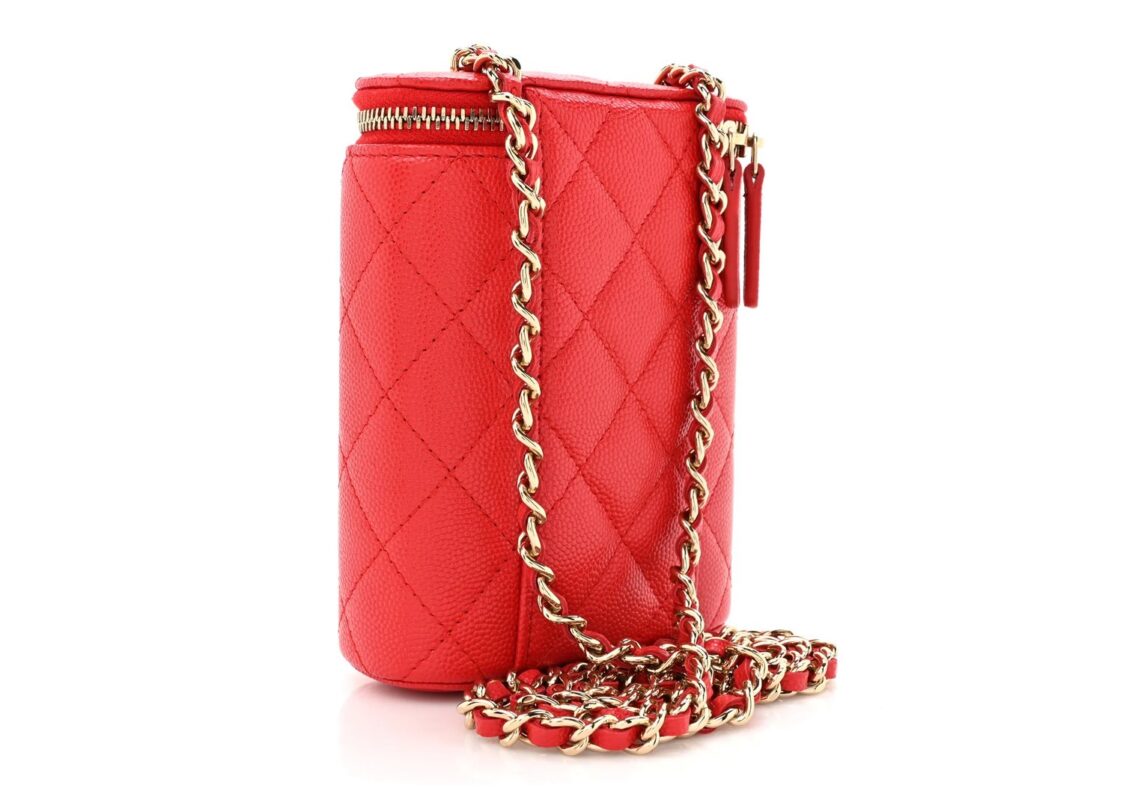 Chanel Caviar Quilted Small Vertical Coco Beauty Vanity Case With Chain Red 2