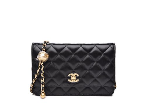 Chanel Lambskin Quilted CC Pearl Crush Wallet on Chain WOC Black - - 1