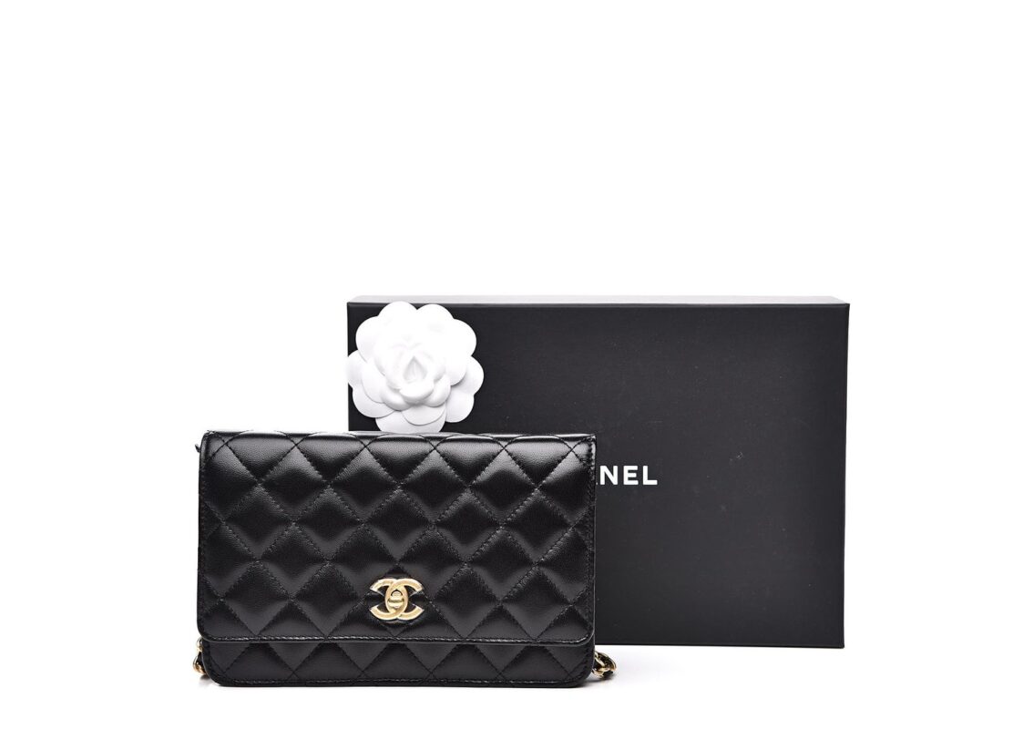 Chanel Lambskin Quilted CC Pearl Crush Wallet on Chain WOC Black 5