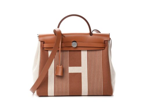 Hermes Vache Hunter Toile H Vibration Herbag Zip Retourne 31 PM Fauve Ecru Beige - - 1