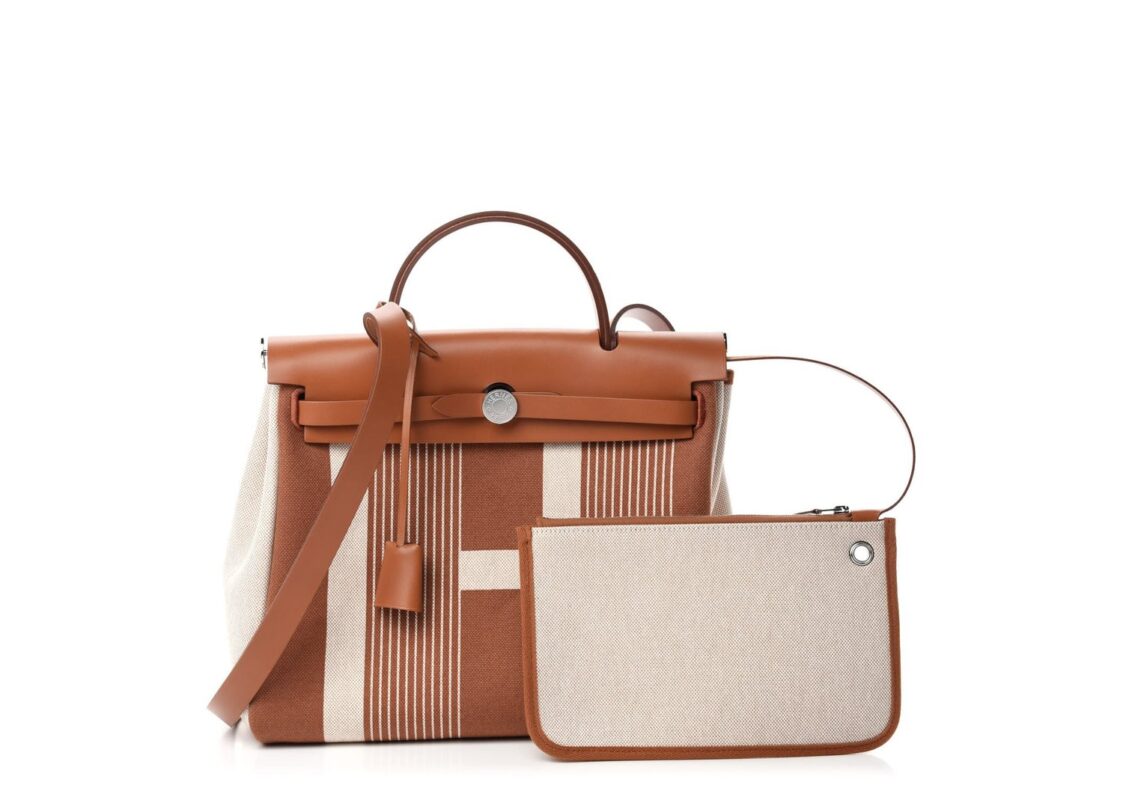 Hermes Vache Hunter Toile H Vibration Herbag Zip Retourne 31 PM Fauve Ecru Beige 2