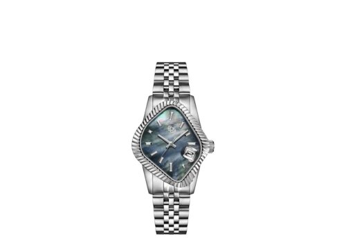 LAARVEE WATCH PEA003-SBLKMOP - SILVER PRECISION STEEL: POLISHED FLUTED BEZEL & NATURAL BLACK MOTHER-OF-PEARL DIAL - 1