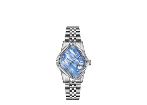 LAARVEE WATCH PEA003-SBLUMOP - SILVER PRECISION STEEL: POLISHED FLUTED BEZEL & NATURAL BLUE MOTHER-OF-PEARL DIAL - 1