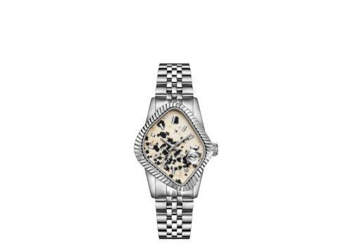 LAARVEE WATCH PEA003-SDMT - SILVER PRECISION STEEL: FLUTED BEZEL & DALMATIAN STONE DIAL - 1