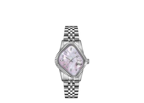 LAARVEE WATCH PEA003-SPNKMOP - SILVER PRECISION STEEL: POLISHED FLUTED BEZEL & NATURAL PINK MOTHER-OF-PEARL DIAL - 1
