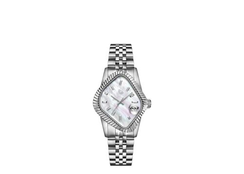 LAARVEE WATCH PEA003-SWHTMOP - SILVER PRECISION STEEL: POLISHED FLUTED BEZEL & NATURAL WHITE MOTHER-OF-PEARL DIAL - 1