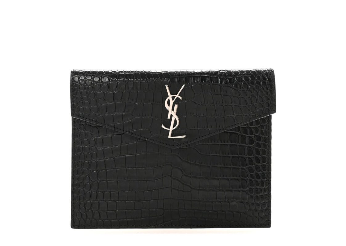 Saint Laurent Calfskin Crocodile Embossed Monogram Small Uptown Pouch Black