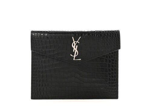 Saint Laurent Calfskin Crocodile Embossed Monogram Small Uptown Pouch Black - - 1
