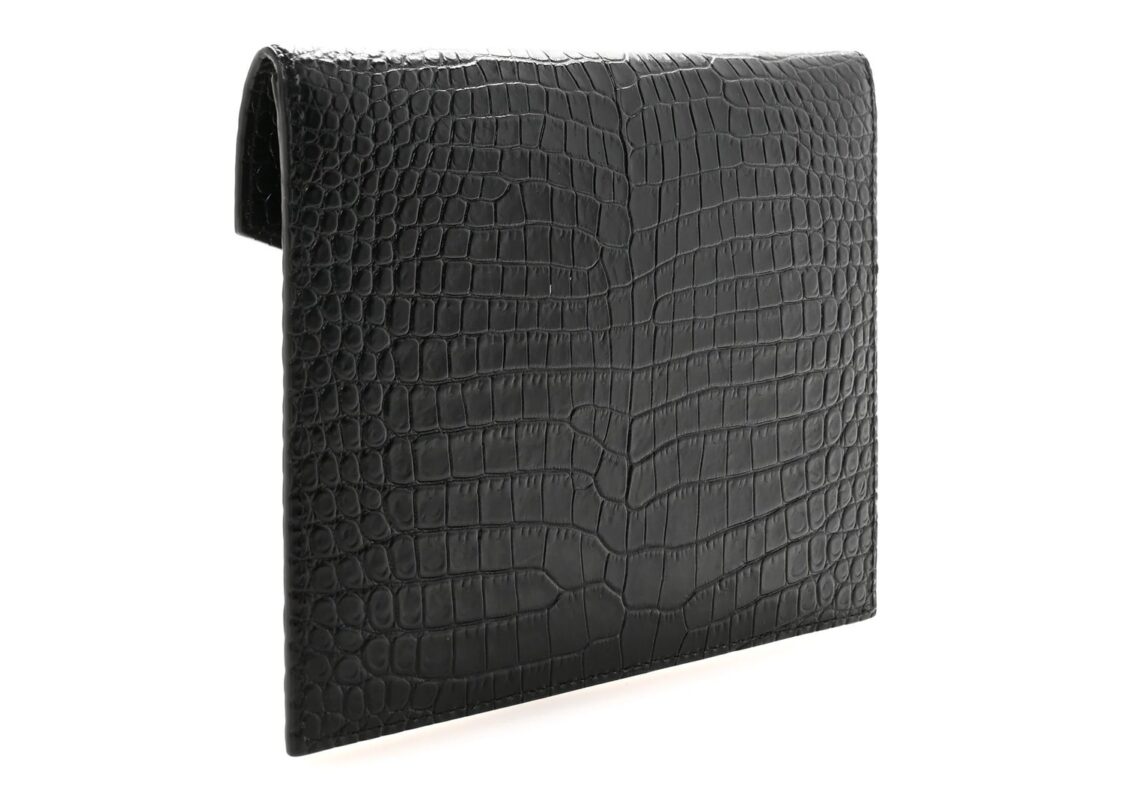 Saint Laurent Calfskin Crocodile Embossed Monogram Small Uptown Pouch Black 2