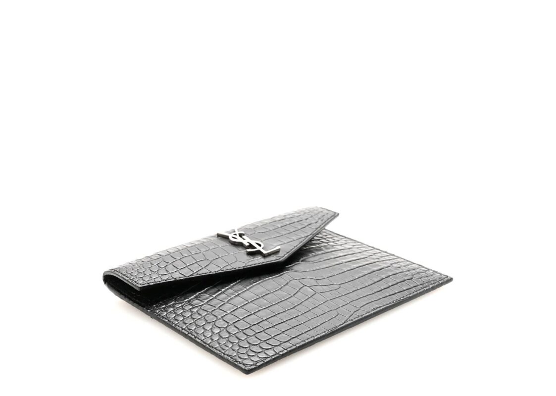 Saint Laurent Calfskin Crocodile Embossed Monogram Small Uptown Pouch Black 3