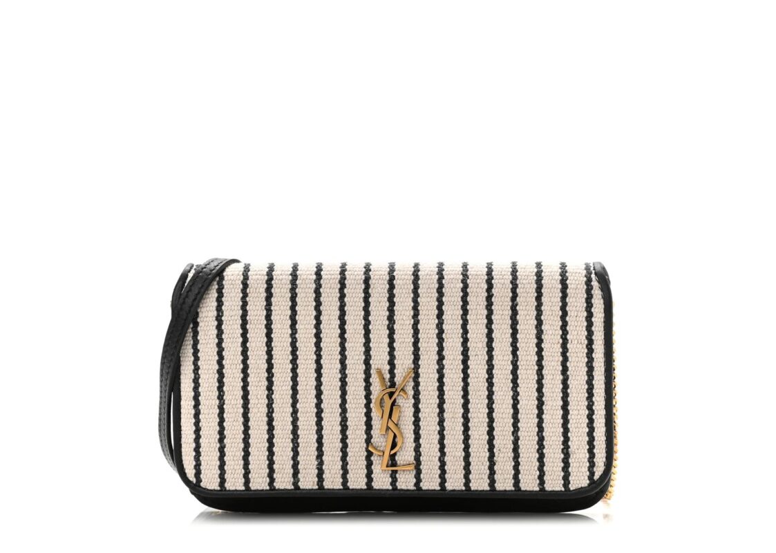Saint Laurent Canvas Striped Phone Holder Crossbody Beige Black