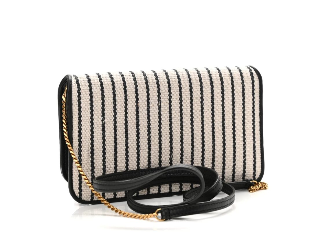 Saint Laurent Canvas Striped Phone Holder Crossbody Beige Black 3