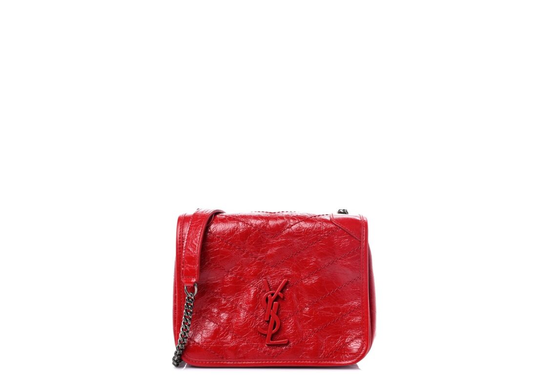 Saint Laurent Crinkled Calfskin Matelasse Monogram Niki Chain Wallet Red