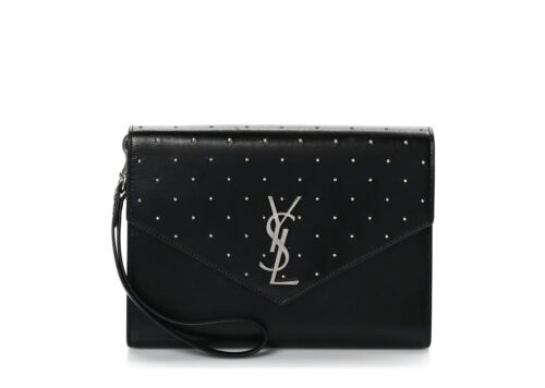 Saint Laurent Smooth Calfskin Studded Cassandre Flap Pouch Black - - 1