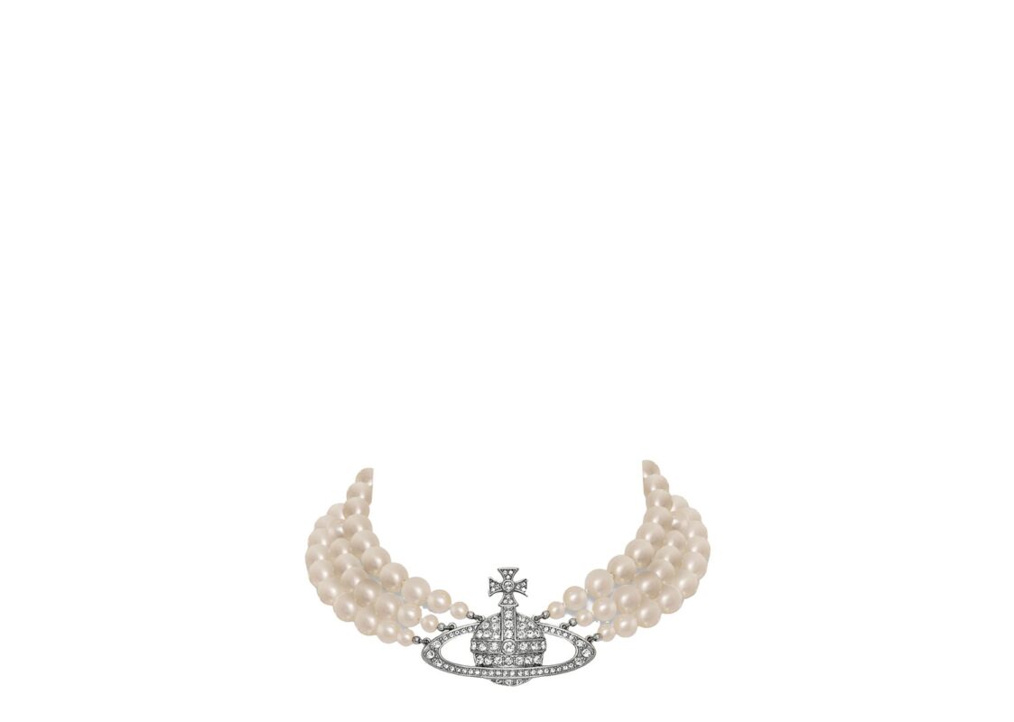 Vivienne Westwood Three Row Pearl Bas Relief Choker Platinum Pearl Crystal
