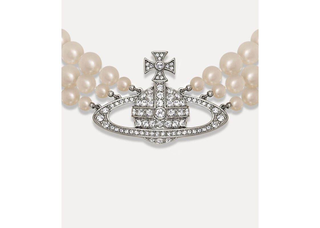 Vivienne Westwood Three Row Pearl Bas Relief Choker Platinum Pearl Crystal 2