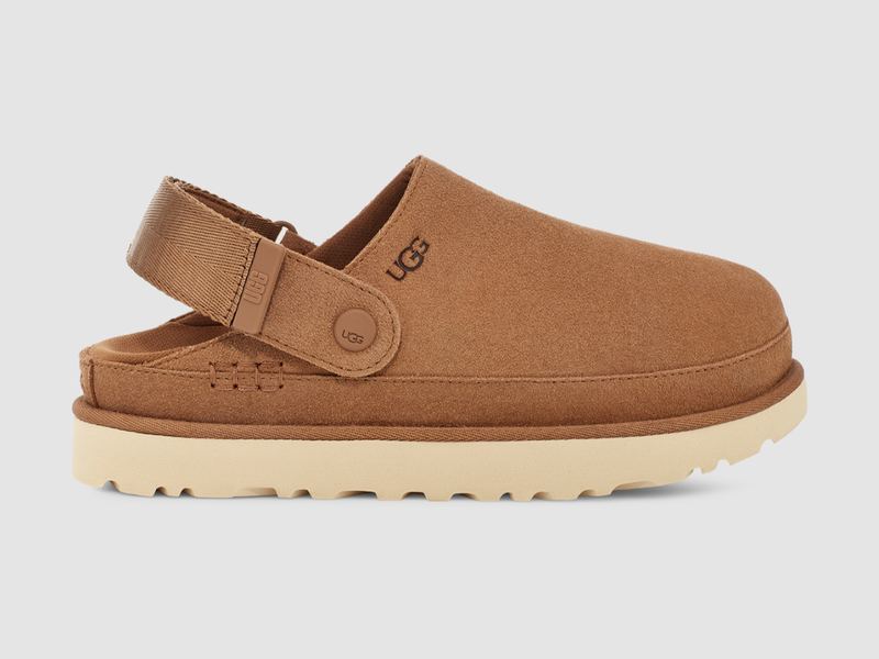 UGG Goldenstar Clog Chestnut yandan, krem platform taban
