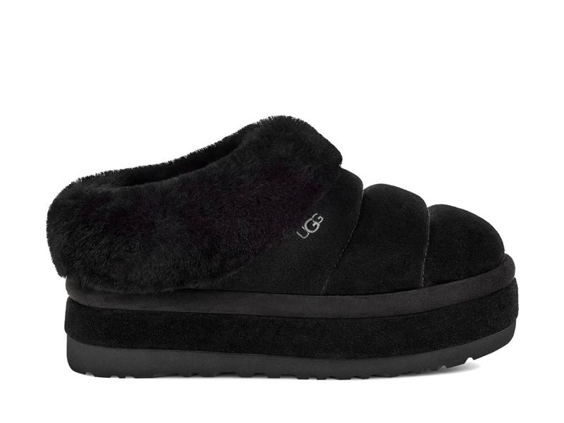 UGG Tazzlita Black yandan, kabarık yaka ve kalın platform