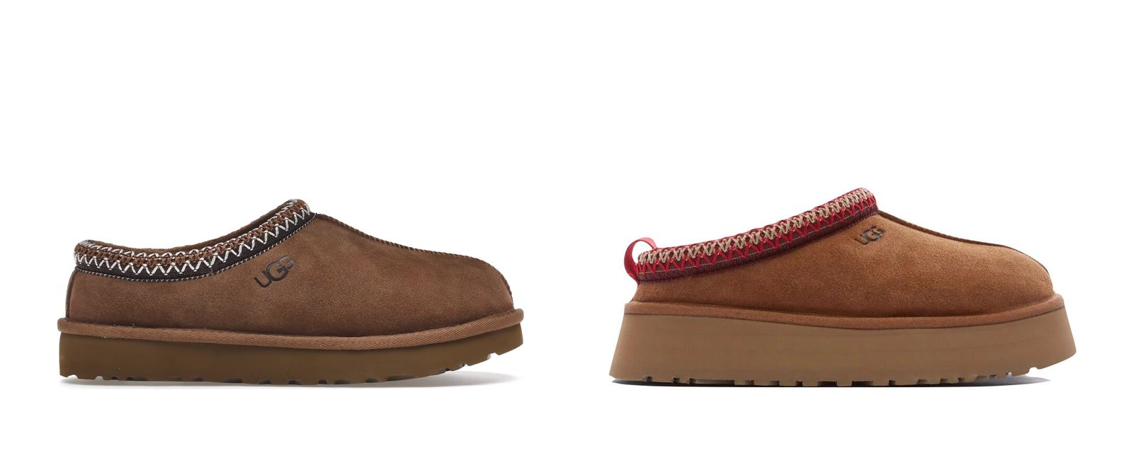 UGG Tasman ve UGG Tazz Chestnut yan yana, aynı ölçekte: solda alçak tabanlı Tasman, sağda platform tabanlı Tazz