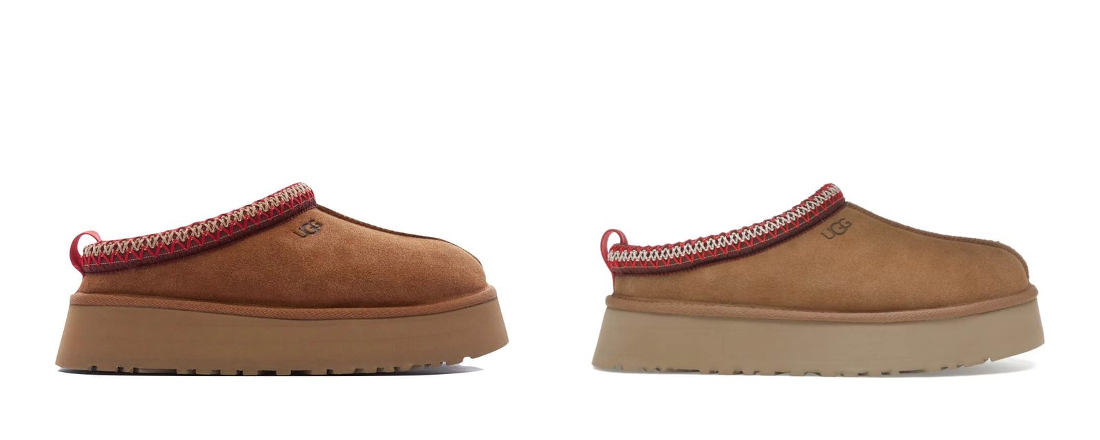 UGG Tazz ve UGG Tazz II Chestnut yan yana: aynı süet, aynı kırmızı örgü yaka ve aynı yükseklikte platform